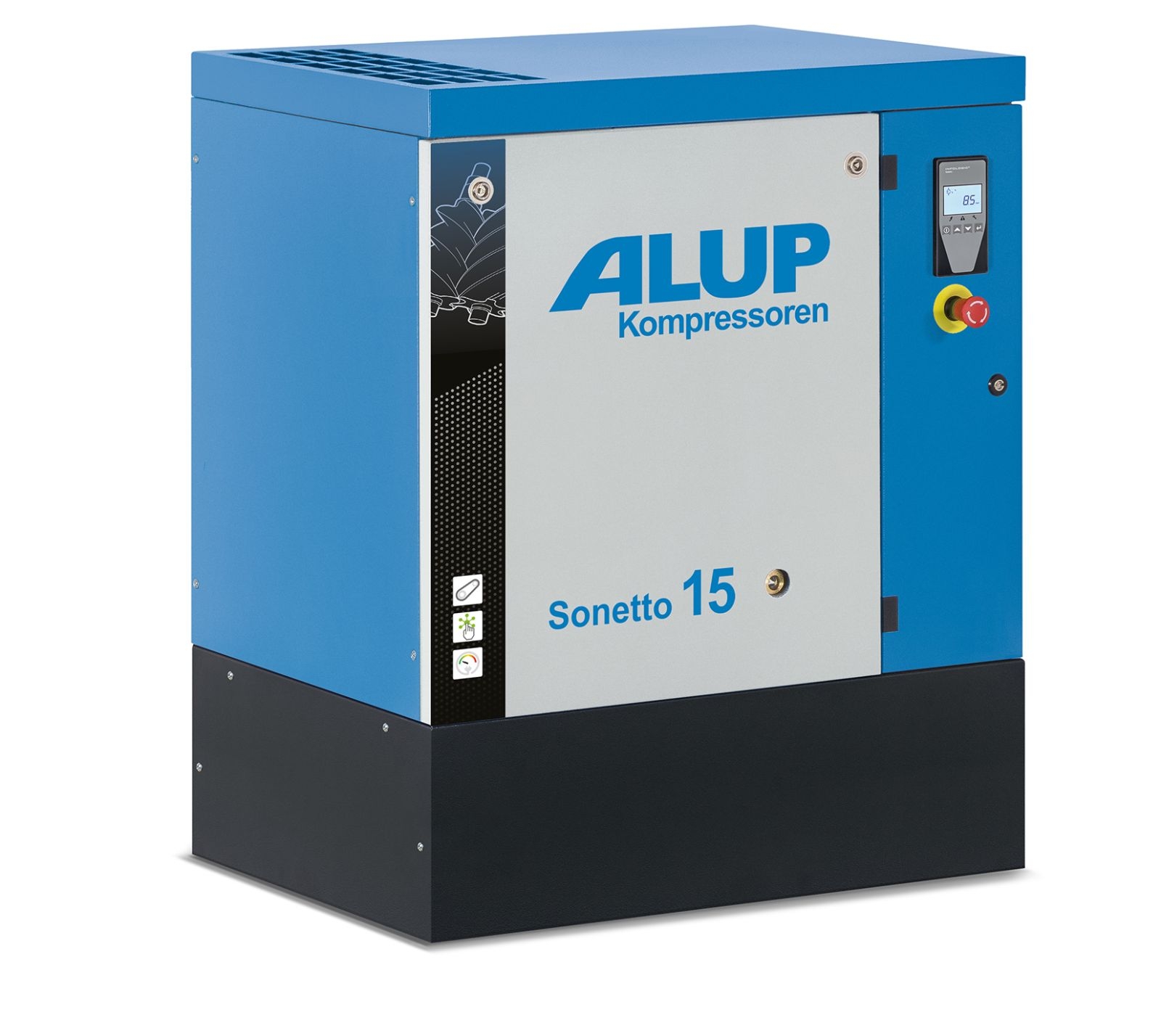 Alup Schraubenkompressor SONETTO 8-20 – 7,5–15 kW, 8–13 bar, 270–500 L Robuster Schraubenkompressor Alup SONETTO 8-20 mit IE3-Motoren (7,5–15 kW), 8–13 bar Betriebsdruck und Luftabgabe von 41,8 bis 111,6 m³/h. Kompakt, leise (ab 64 dB(A)) und wartungsfreundlich – ideal für Werkstätten und industrielle Anwendungen.