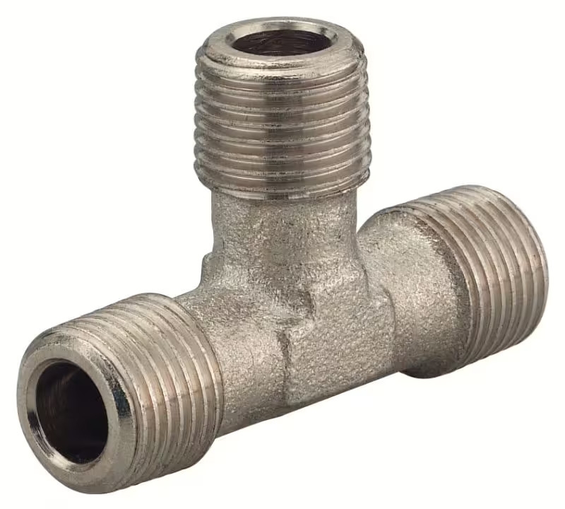 T-Stück aus Metall mit drei Außengewinden T-Stück R 1/4" a/a/a aus robustem Metall zur Verbindung von drei Druckluftleitungen mit Außengewinde für eine gleichmäßige Luftverteilung.