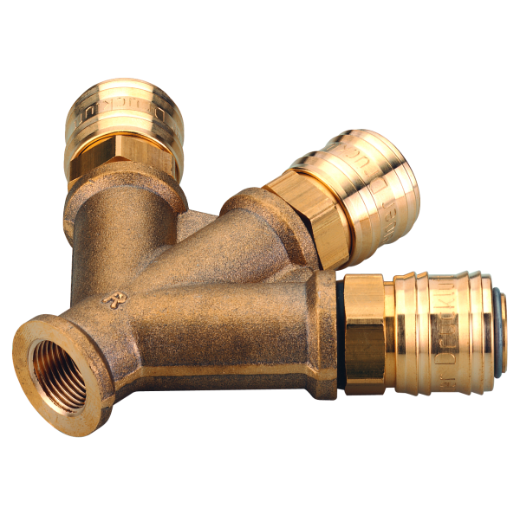 1Dreierverteiler R 3/8"i komplett – Praktischer Druckluftverteiler Kompletter Dreierverteiler mit Innengewinde R 3/8", ideal zur gleichzeitigen Nutzung mehrerer Druckluftanschlüsse