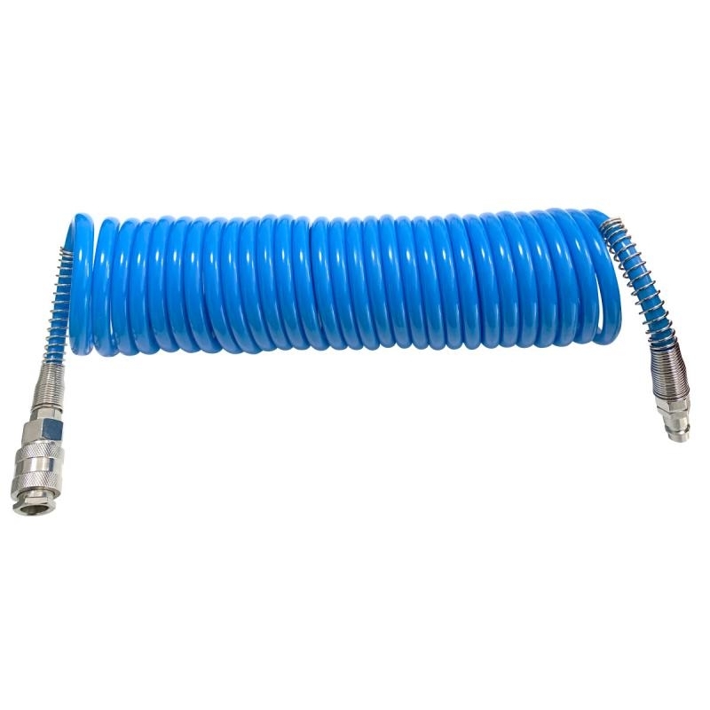 Spiralschlauch 8 x 12 – 10 m Länge für flexible Druckluftanwendungen Blauer Spiralschlauch mit Abmessung 8 x 12 mm und 10 Metern Länge, ideal für den flexiblen Einsatz mit Druckluftwerkzeugen.