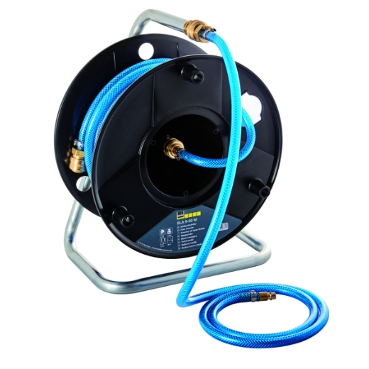 Manueller Schlauchaufroller 20 m für Druckluft und Wasser Robuster manueller Schlauchaufroller mit 20 m Länge und 15x9 mm Schlauchdurchmesser, ideal für ordentliche Aufbewahrung und einfache Handhabung von Druckluft- oder Wasserschläuchen.