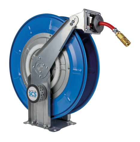 Automatischer Schlauchaufroller mit PU-Schlauch Schlauchaufroller 9.12.10-PU/2 mit robustem Polyurethan-Schlauch und automatischer Aufrollfunktion für eine sichere und ordentliche Druckluftzufuhr in Werkstatt und Industrie.
