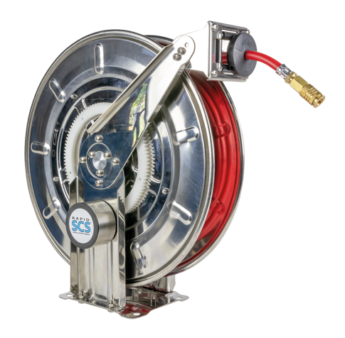 Automatischer Schlauchaufroller mit PU-Schlauch und Wandhalter Schlauchaufroller 9.12.10-PU/E/3 mit Polyurethan-Schlauch und automatischer Aufrollfunktion, inklusive Wandhalterung für ordentliche und sichere Druckluft- oder Wasserversorgung.